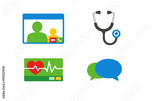 A set of four flat vector icons representing telemedicine and healthcare services, including a video call window, a stethoscope, a heart rate monitor, and chat bubbles on a black background.