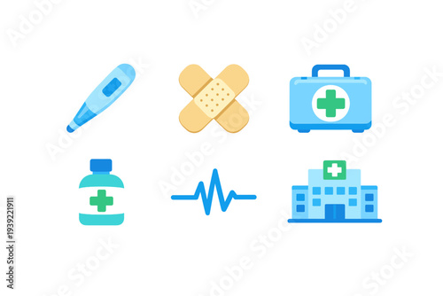 A collection of six medical icons including a thermometer, bandages, first aid kit, medicine bottle, heartbeat line, and a hospital building, all set against a solid black background.