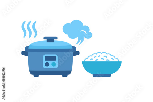 This blue flat vector illustration features an electric rice cooker with steam rising from its lid, positioned next to a bowl filled with cooked rice on a dark background.
