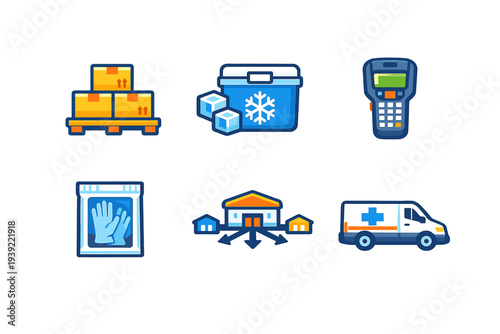 A set of six flat vector icons representing medical logistics and cold chain management, including a cooler, palletized boxes, a scanner, gloves, a warehouse, and an ambulance.