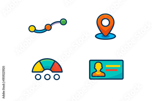 A set of four colorful vector icons featuring a curved line graph, a location pin, a segmented semi-circular gauge, and an identification card on a black background.