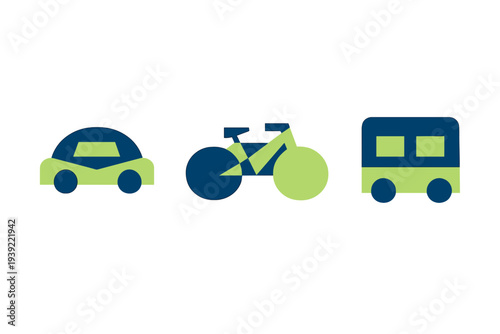 Three stylized icons of a car, a bicycle, and a bus are displayed in a row. The minimalist graphics use a dark blue and lime green color palette against a solid black background.