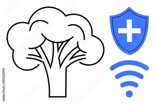 Environmental healthcare, eco-friendly solutions, digital health, wireless technology, sustainable innovation, medical care. Tree outline, shield with medical cross wireless symbol. Environmental