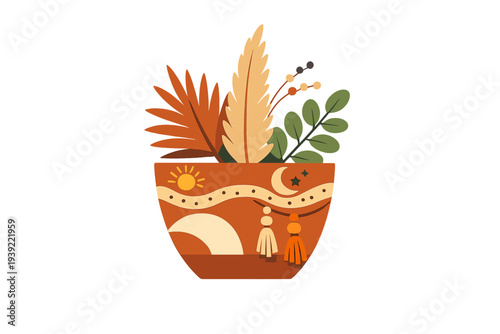 A flat illustration of a terracotta pot decorated with celestial symbols like the sun and moon, containing various dried leaves and green branches against a black background.