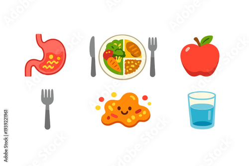 A collection of colorful flat icons representing healthy digestion and nutrition, featuring a stomach, a balanced meal plate, an apple, a glass of water, and a smiling gut microbe.