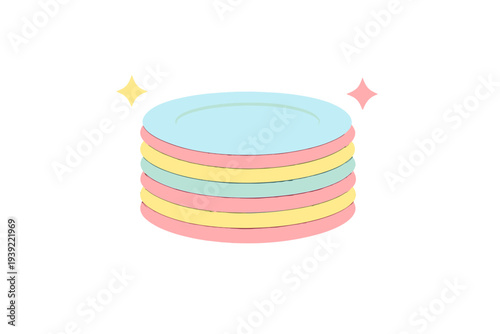 A stack of colorful pastel plates in blue, pink, and yellow shades is centered on a black background. Two small decorative stars float beside the neat pile of circular dishes.