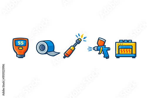 A collection of five colorful cartoon icons representing various industrial and workshop tools, including a digital meter, tape roll, soldering iron, spray gun, and a small oven.