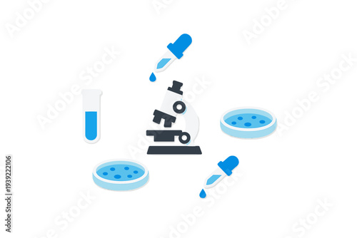 A flat illustration of various laboratory tools including a microscope, test tube, petri dishes, and pipettes with blue liquid, set against a dark background for scientific research.