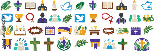 Palm Sunday Religious Icon Set Featuring Crosses, Palms, Bibles, Churches, and Other Christian Symbols