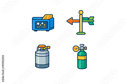 A collection of four flat vector icons featuring a blue electronic monitor, a directional signpost with arrows, a silver metal tank, and a green gas cylinder on a black background.