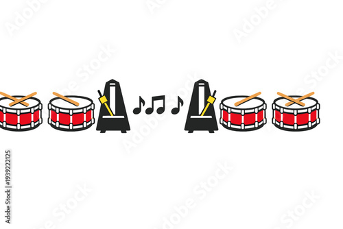 A horizontal row of musical icons featuring red drums with drumsticks, black metronomes, and musical notes arranged symmetrically against a solid black background.