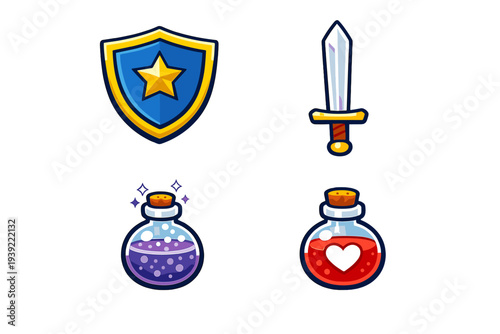 A collection of four cartoon game icons featuring a blue shield with a star, a silver sword, a purple magic potion bottle, and a red health potion with a heart symbol on a black background.