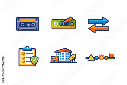 A set of six colorful flat vector icons on a black background featuring a cassette tape, a toggle switch, arrows, a checklist with a shield, a building with a satellite dish, and a timeline.