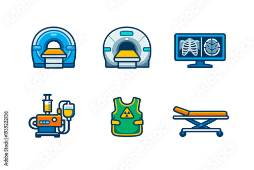 This collection of six medical icons includes MRI scanners, a monitor displaying X-ray results, a radiation protection vest, a contrast injector, and a hospital stretcher on black.