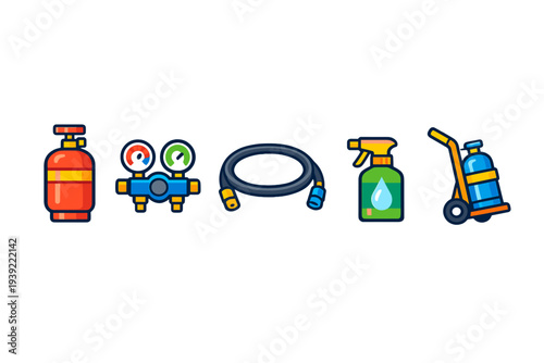 A set of five industrial icons featuring a red gas cylinder, a pressure regulator with gauges, a black hose, a green spray bottle, and a blue tank on a hand truck.