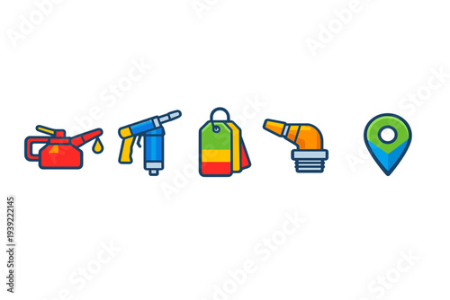 A set of five colorful flat icons representing automotive maintenance and service tools, including an oil can, a spray gun, price tags, a pipe fitting, and a location pin on a black background.