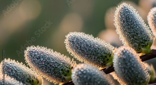Pussy willow branches with soft grey catkins on pale green background, vertical spring botanical illustration created with generative AI