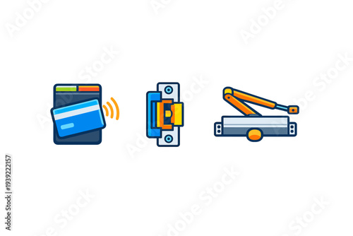 A set of three colorful icons representing door security systems including a contactless card reader, an electric door strike, and an automatic hydraulic door closer on a black background.