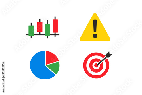 A collection of four business and finance icons on a black background, including a candlestick chart, a warning sign, a colorful pie chart, and a target with an arrow in the center.
