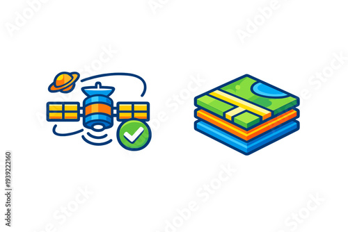 Two colorful vector icons on a black background featuring a satellite orbiting a planet with a green checkmark and a stack of isometric map layers showing geographic data.