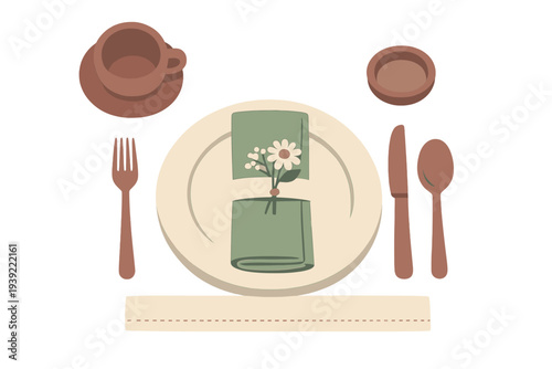 A flat illustration of a table setting featuring a plate with a green napkin and flower, accompanied by a fork, knife, spoon, cup, and bowl in earthy brown tones on a black background.