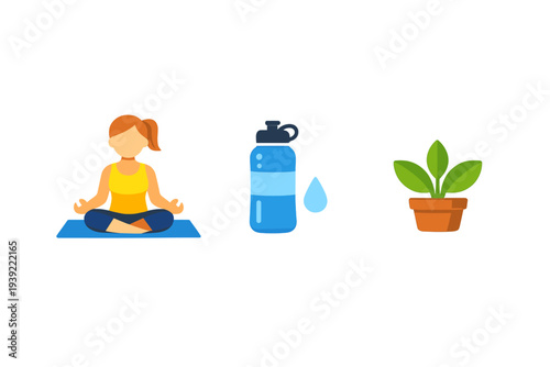 A flat illustration of a woman practicing yoga on a mat, a blue water bottle with a droplet, and a green potted plant, representing wellness and a healthy lifestyle.