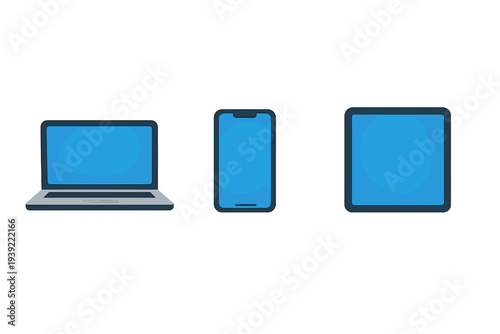 A flat illustration featuring a laptop, a smartphone, and a tablet with glowing blue screens arranged horizontally against a solid black background. Modern digital device icons.