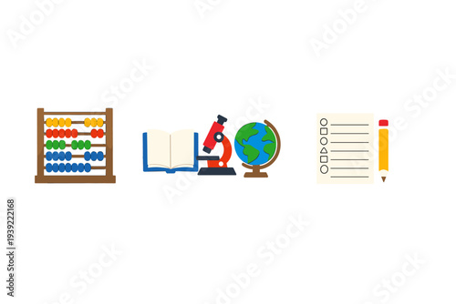 A collection of colorful educational icons including an abacus, an open book, a microscope, a globe, and a checklist with a pencil, all set against a solid black background.