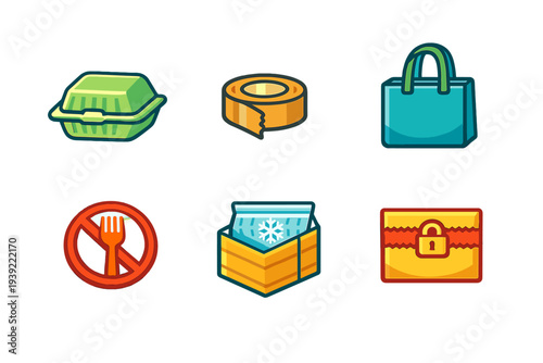 A collection of six colorful vector icons representing food delivery and packaging services, including a takeout box, adhesive tape, a shopping bag, a cold storage box, and a secure lock.