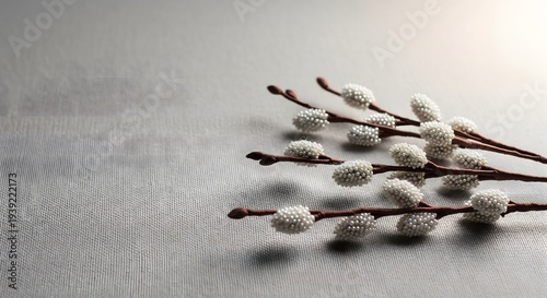 Pussy willow branches with white beaded buds on textured canvas background, elegant spring concept created with generative AI
