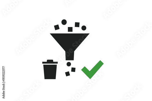 A black funnel processes geometric shapes like circles and squares. A trash can icon and a green checkmark represent the selection and filtering of data or items.