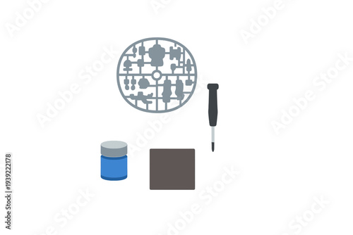 An illustration of a model kit assembly set featuring a circular plastic sprue with parts, a small screwdriver, a blue paint jar, and a square sanding pad on a black background.