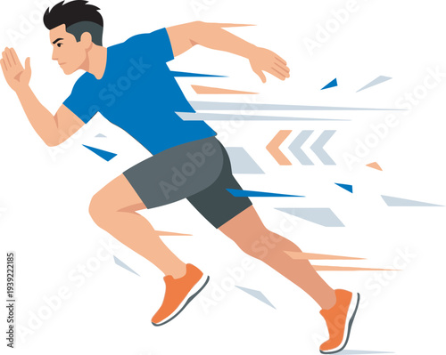 Flat vector illustration of a male sprinter in a blue shirt and gray shorts, running at high speed with blue and orange motion trails. Perfect for track and field sports branding.