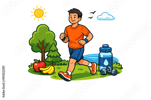 A cartoon illustration of a man in an orange shirt and blue shorts jogging outdoors on a sunny day, surrounded by healthy food, a water bottle, and exercise equipment.