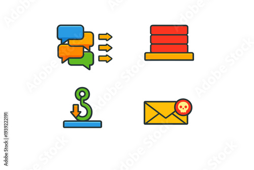 A collection of four colorful flat icons on a black background representing digital communication, data storage, webhooks, and malicious phishing emails with a skull symbol.