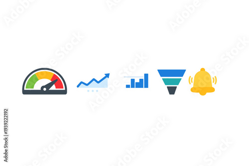 A row of five colorful business icons on a black background including a performance gauge, a line graph with an upward arrow, a bar chart, a sales funnel, and a notification bell.