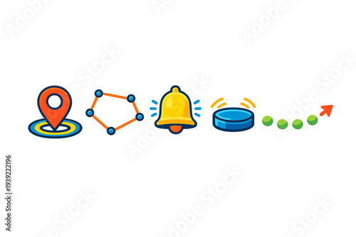 Five vibrant vector icons displayed in a row on a black background, including a map pin, a network diagram, a ringing bell, a moving puck, and a green progress arrow.