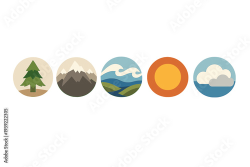 A set of five minimalist circular icons representing nature elements including a pine tree, mountains, ocean waves, the sun, and clouds, set against a black background.