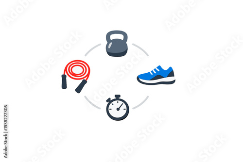 A circular graphic featuring fitness equipment icons including a kettlebell, a blue running shoe, a stopwatch, and a red jump rope, all set against a solid black background.