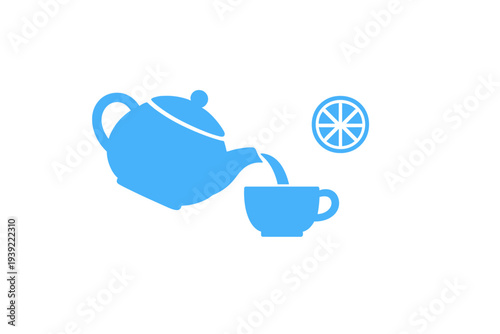 A blue silhouette illustration of a teapot pouring tea into a cup next to a lemon slice icon. The minimalist graphic is set against a black background with subtle vertical lines.