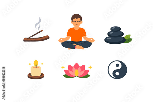 A collection of six colorful flat icons representing meditation and wellness, including a person meditating, a lotus flower, zen stones, incense, a candle, and a yin yang symbol.