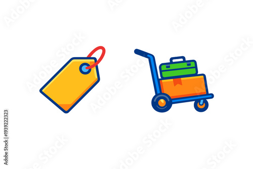 A flat vector illustration featuring a yellow price tag with a red string next to a blue hand truck loaded with a green suitcase and an orange cardboard box on a black background.