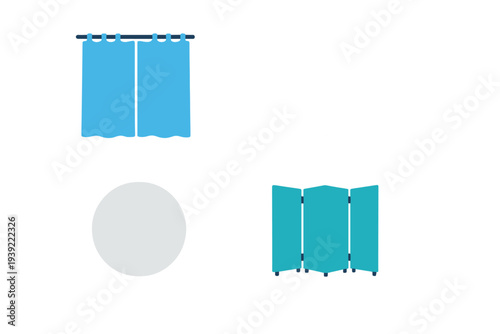 A collection of four flat icons featuring blue curtains, two white circles, and a teal folding room divider, all set against a dark background with faint technical measurement lines.
