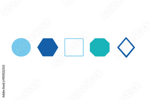 Five distinct geometric shapes including a circle, hexagon, square, octagon, and diamond are arranged horizontally in shades of blue and white on a black background.