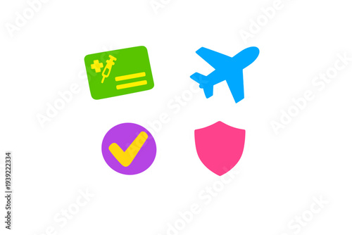Four colorful sticker icons on a black background representing travel and health safety, including a vaccination card, an airplane, a checkmark, and a protective shield.