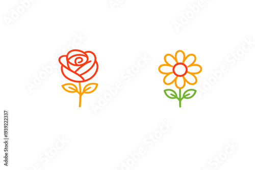 Minimalist line art illustration of two flowers, a red rose and a yellow daisy, with green stems and leaves on a black background, showcasing a modern and clean graphic design.