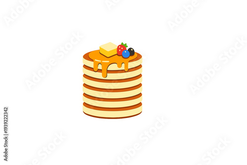 A tall stack of six golden pancakes topped with a melting pat of butter, dripping maple syrup, a fresh strawberry, a blueberry, and a blackberry against a solid black background.