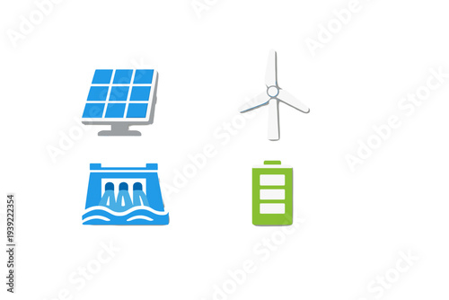 Four stylized icons depicting clean energy technologies: a blue solar panel, a white wind turbine, a blue hydroelectric dam, and a green battery, all set against a black backdrop.