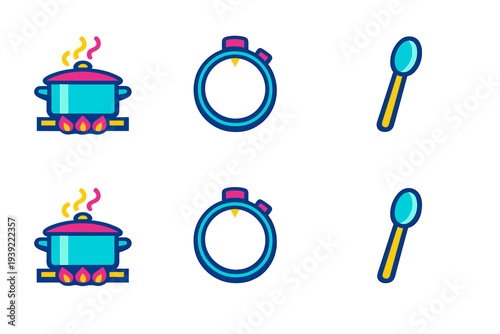 This set features vibrant kitchen icons such as a boiling pot with steam, a blue stopwatch, and a wooden spoon, displayed in a grid pattern on a dark black backdrop.