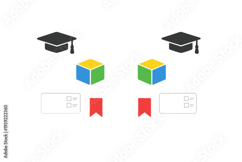A symmetrical illustration featuring educational icons like graduation caps, colorful cubes, checklists, and red bookmarks on a black background. Perfect for learning themes.
